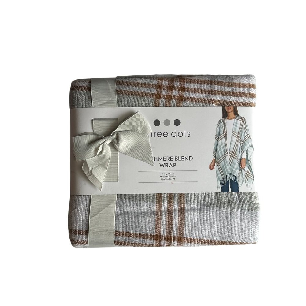 Three Dots Cashmere Blend Wrap With Fringe Detail In Grey Louisa Plaid  One Size